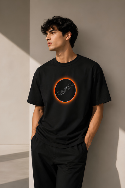 A man wearing a black crewneck t-shirt with a circular graphic of a black cat inside a glowing orange ring, leaning against a neutral beige wall.